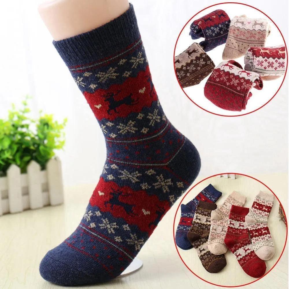 1 Pair Christmas Socks Snowflake Deer Cotton Wool Winter Warm Womens Gifts