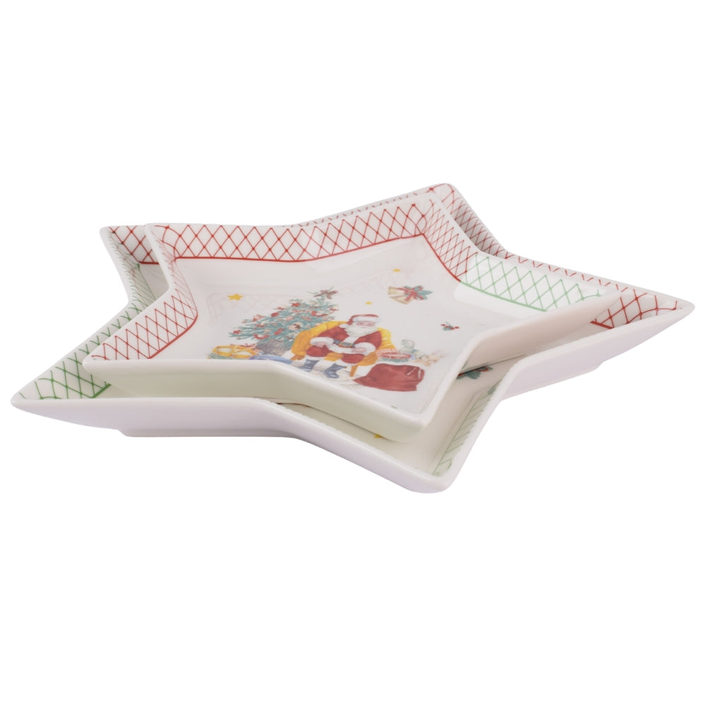 2-Piece Star-Shaped Christmas Porcelain Plate Set – Santa & Tree Design 20Cm & 25Cm