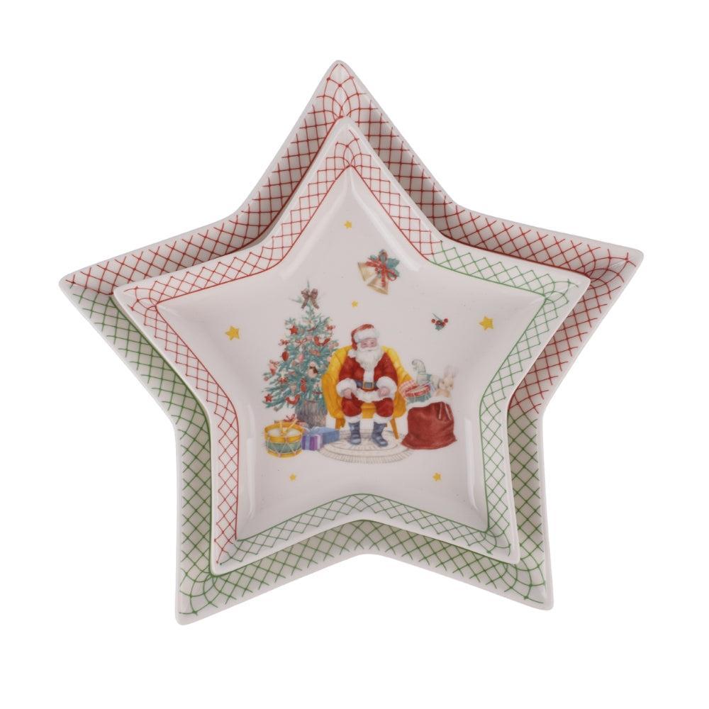 2-Piece Star-Shaped Christmas Porcelain Plate Set – Santa & Tree Design 20Cm & 25Cm