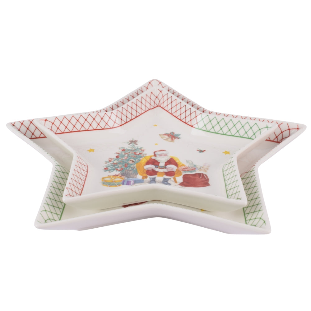 2-Piece Star-Shaped Christmas Porcelain Plate Set – Santa & Tree Design 20Cm & 25Cm