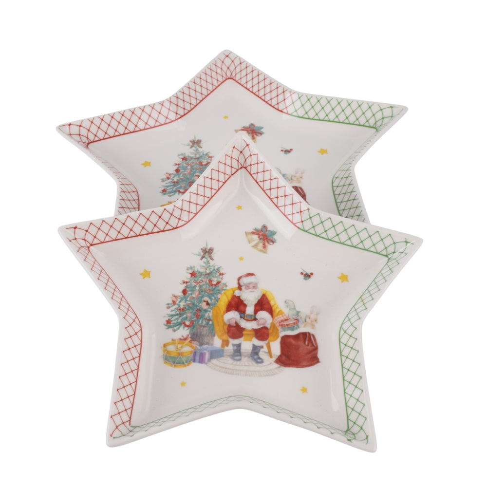 2-Piece Star-Shaped Christmas Porcelain Plate Set – Santa & Tree Design 20Cm & 25Cm