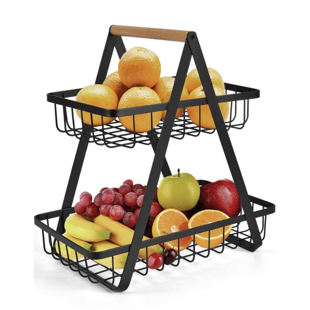 2-Tier Countertop Fruit Basket Storage, Vegetable Rack Bread Display Stand for Kitchen, Black