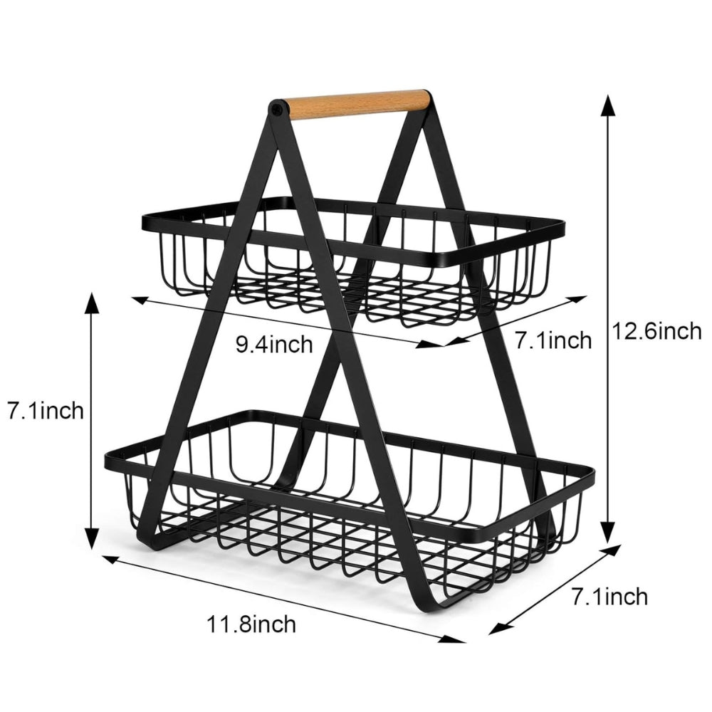 2-Tier Countertop Fruit Basket Storage, Vegetable Rack Bread Display Stand for Kitchen, Black
