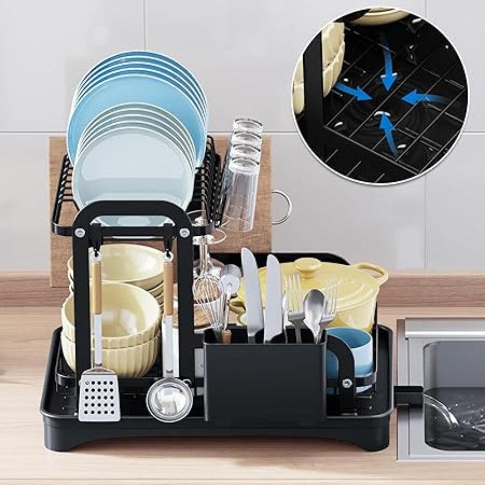 2 Tier Stainless Steel Dish Drying Rack with Plate Holder, Cutlery Basket and Drip Mat - Black Level Stand and Practical Kitchen Accessory