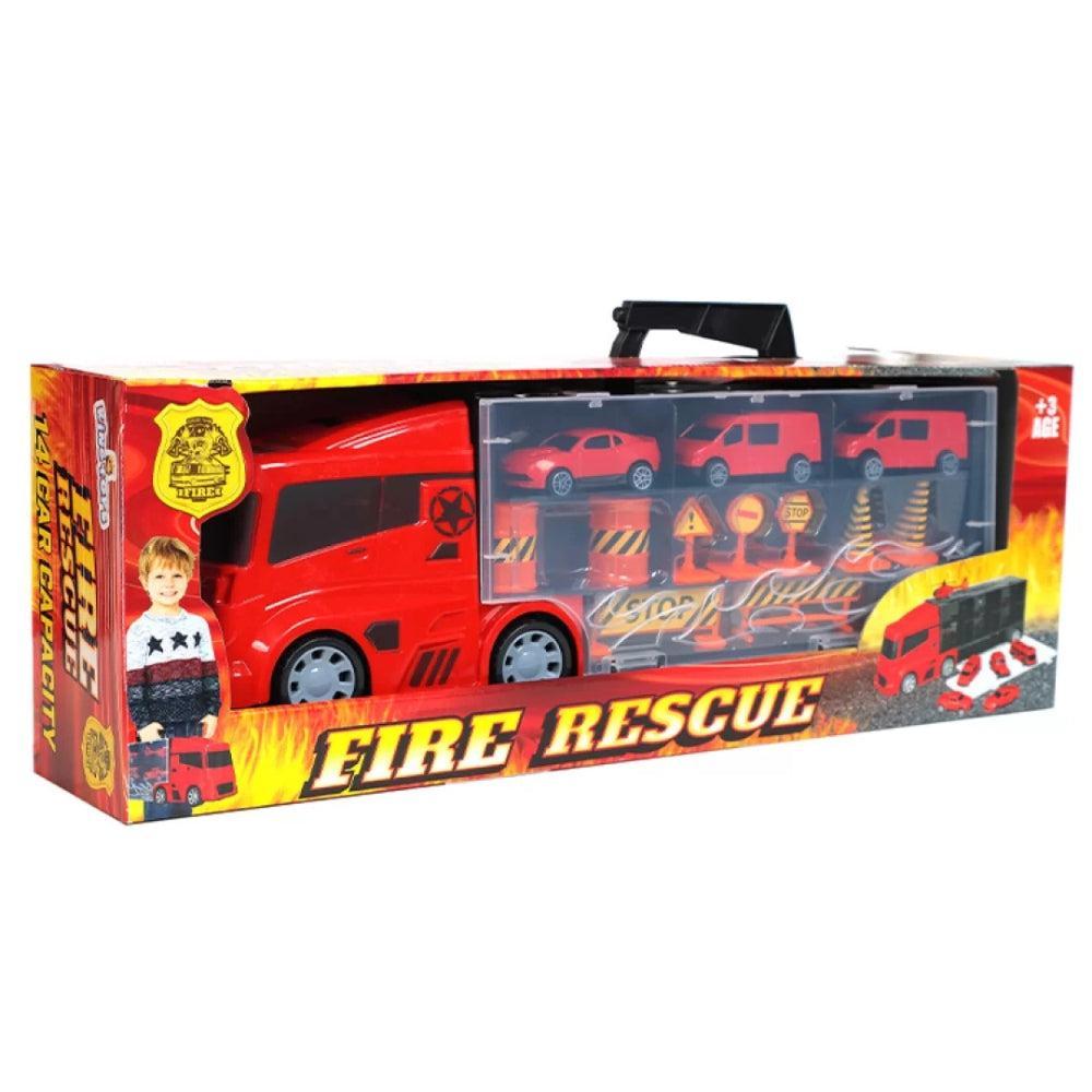 3 Mini Vehicles and Traffic Sign Carrier Truck red