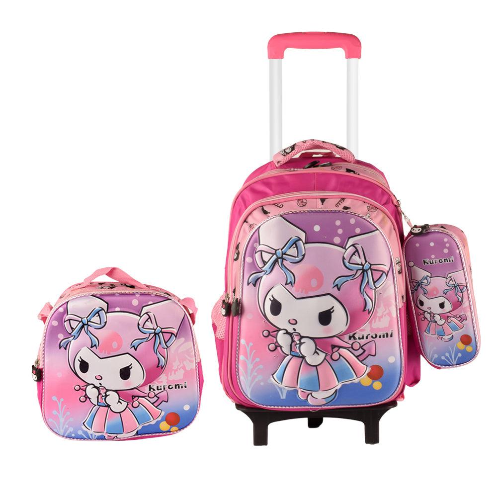 3D Cat 3PCS Detachable Rolling Backpack for Girls With Lunch Bag Pencil Case 2Wheels Roll