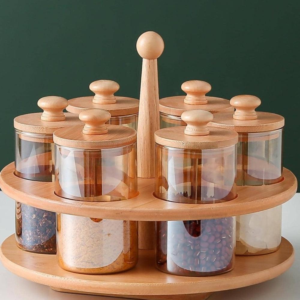 4pcs set Home Use Silicone Glass Bamboo Frame Round Shape Rotatable Spice Jar Set, Gold Plating