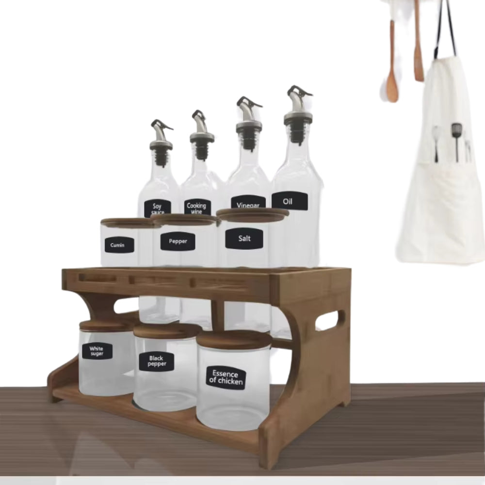 500ml Glass and Bamboo Pantry Set Oil Vinegar Bottle and Spice Jar