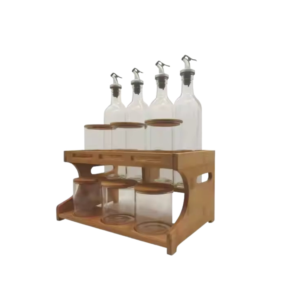 500ml Glass and Bamboo Pantry Set Oil Vinegar Bottle and Spice Jar