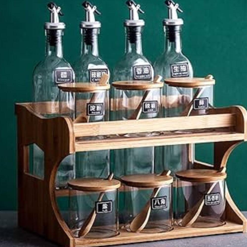 500ml Glass and Bamboo Pantry Set Oil Vinegar Bottle and Spice Jar