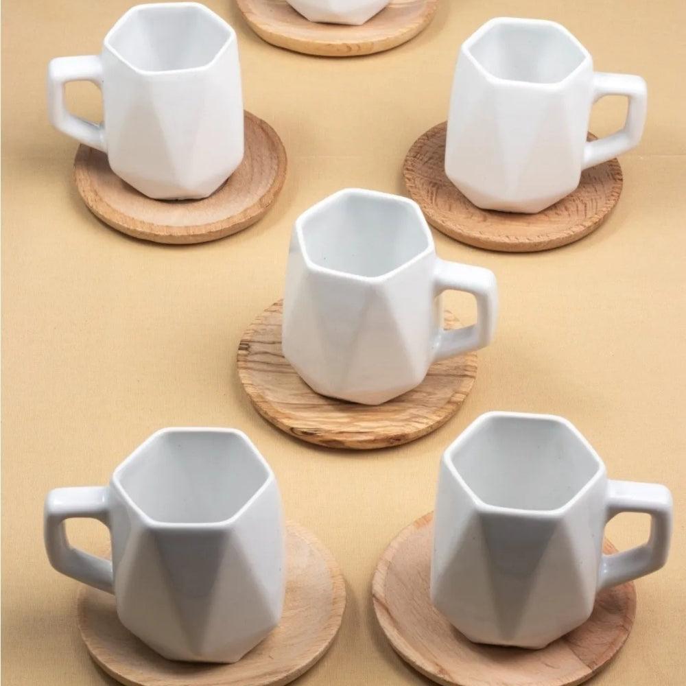6 White Cups With Wooden Aprons