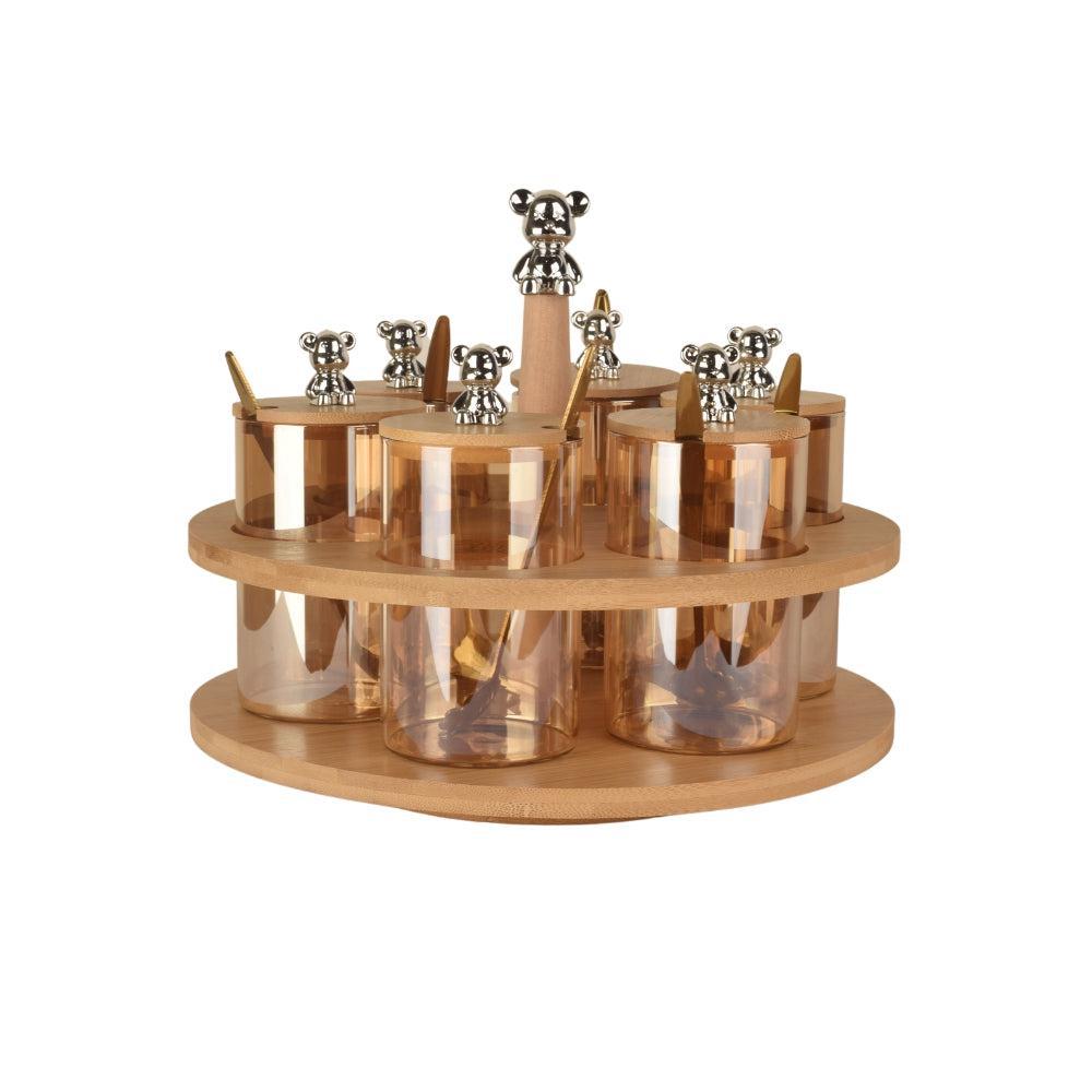 6pcs/set Home Use Silicone Glass Bamboo Frame Round Shape Rotatable Spice Jar Set, Gold Plating