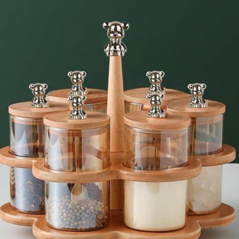 6pcs/set Home Use Silicone Glass Bamboo Frame Round Shape Rotatable Spice Jar Set, Gold Plating
