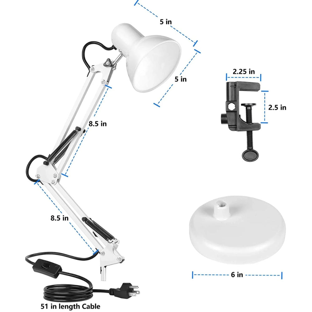 Adjustable Goose Neck Interchangeable Clamp Metal Desk Lamp White