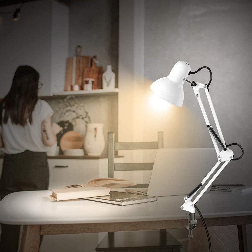 Adjustable Goose Neck Interchangeable Clamp Metal Desk Lamp White