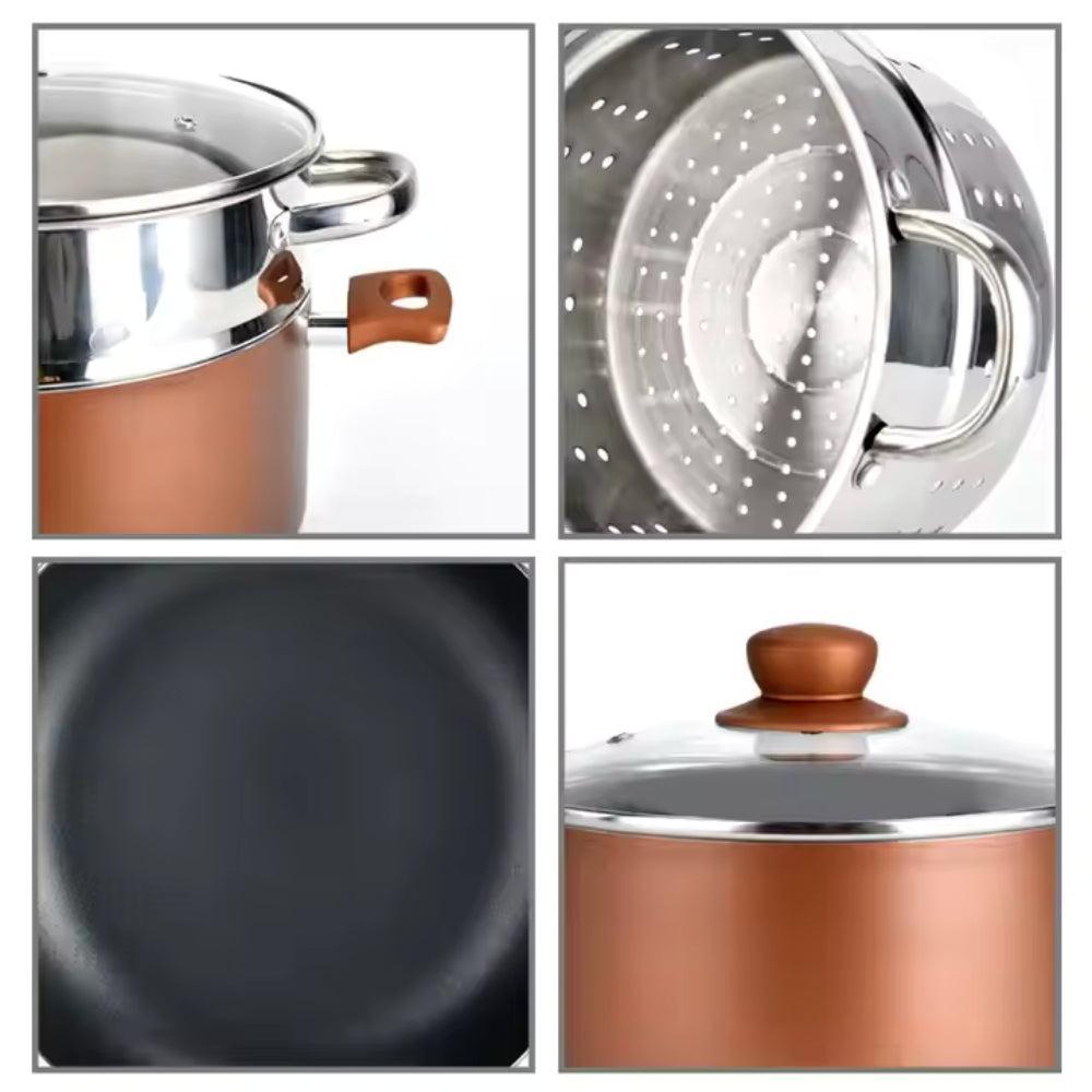 Baroly Forged Aluminium Stock Pot With Glass Lid And Wood Grain Knob