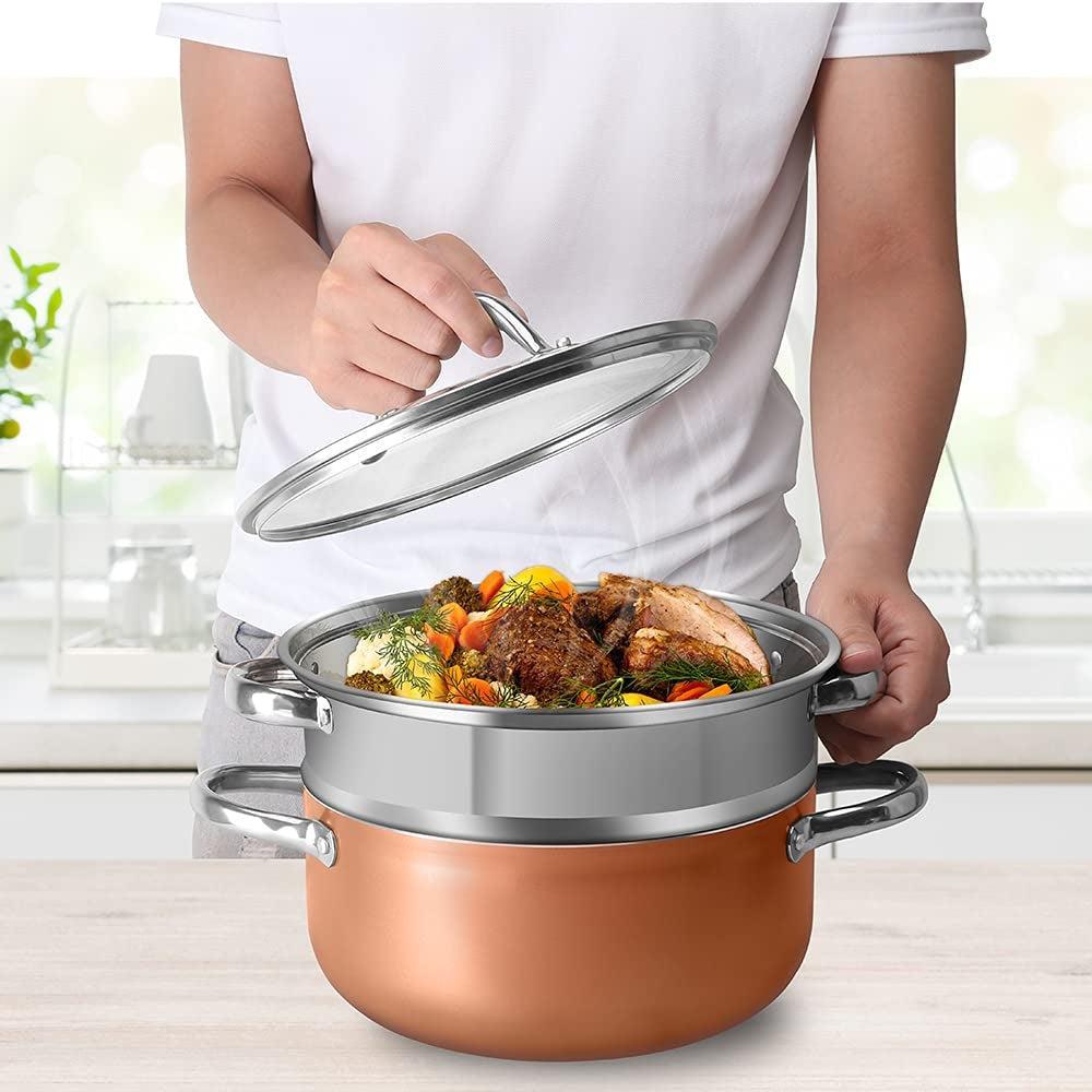 Baroly Forged Aluminium Stock Pot With Glass Lid And Wood Grain Knob