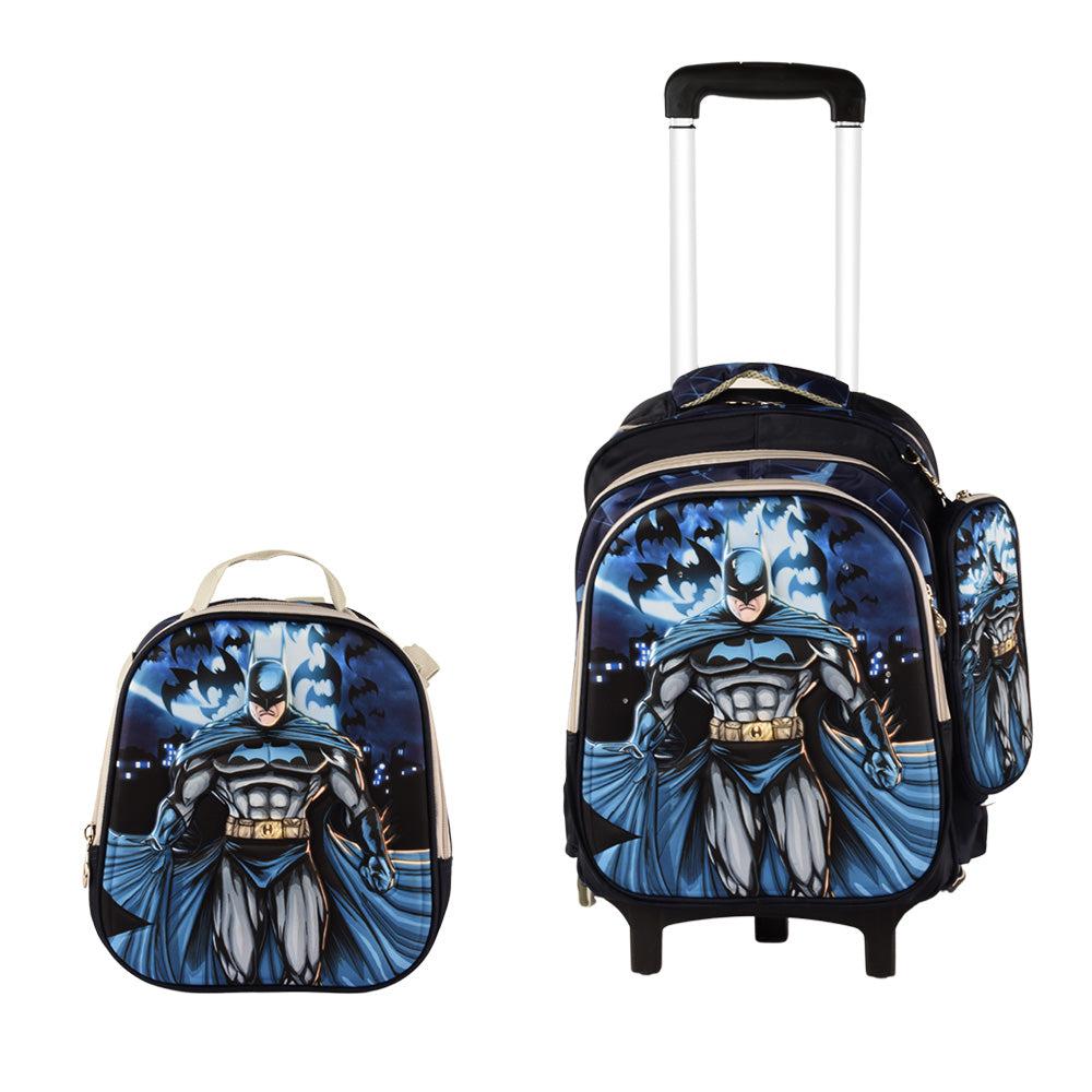 Batman 3PCS Detachable Rolling Backpack for Boys With Lunch Bag Pencil Case 2Wheels Roll