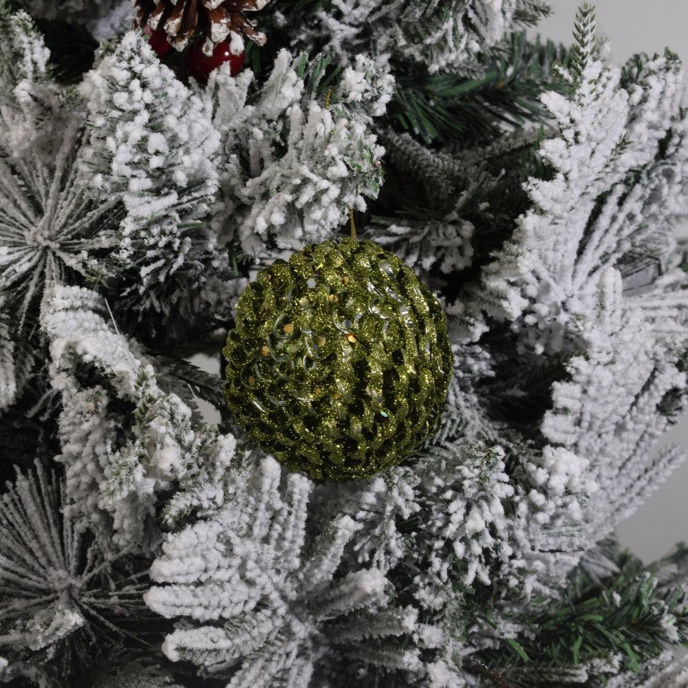 Beaded Green Plum Glittered Ball Finial Glass Decorative Hanging Christmas Ornament 4PCS