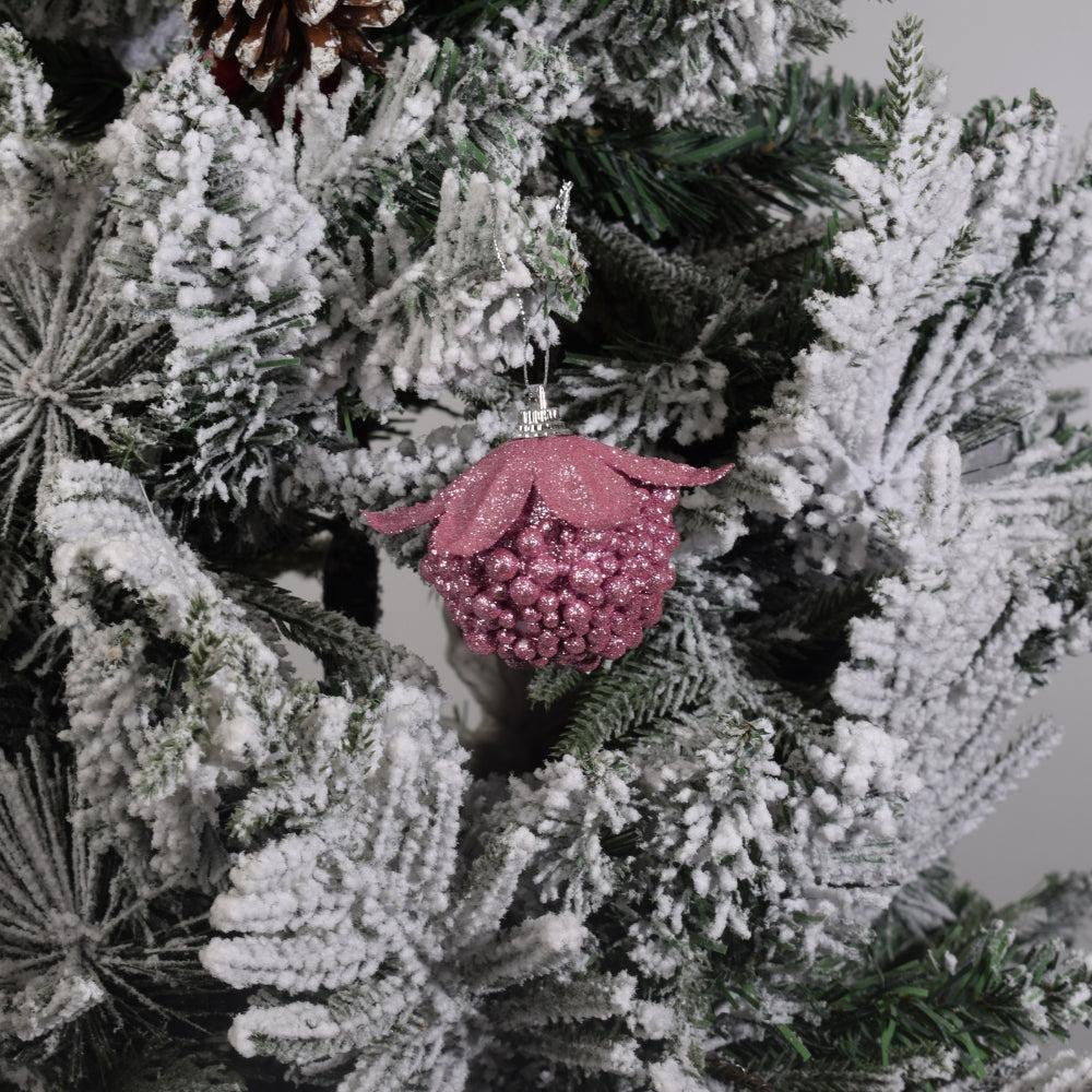 Beaded Pink Plum Glittered Ball Finial Glass Decorative Hanging Christmas Ornament 6PCS