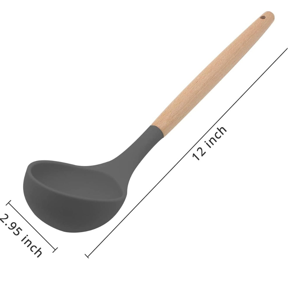 BluBasket Silicone Ladle Spoon, Wooden Handle Seamless & Nonstick Kitchen Soup Ladle
