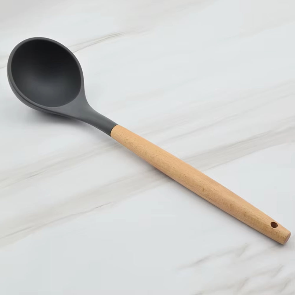 BluBasket Silicone Ladle Spoon, Wooden Handle Seamless & Nonstick Kitchen Soup Ladle
