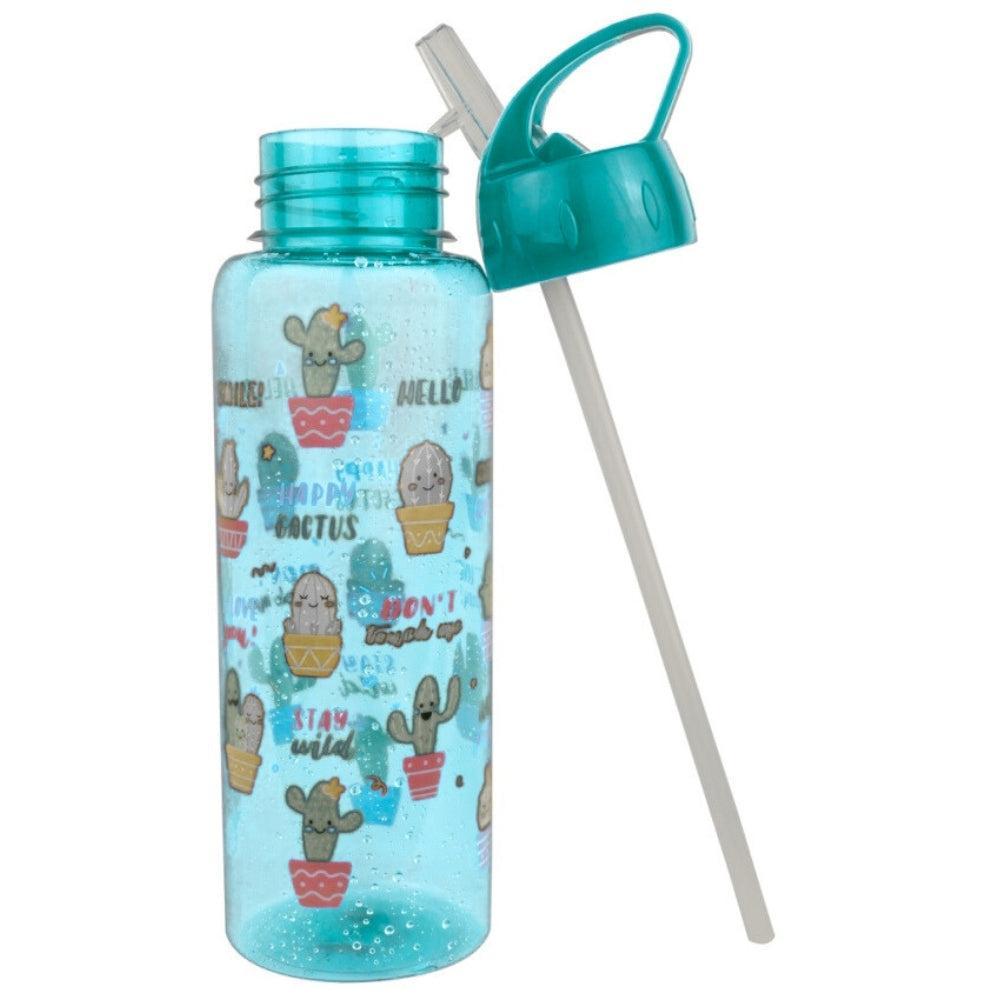 Blue Cactus-Themed Water Bottle with Straw
