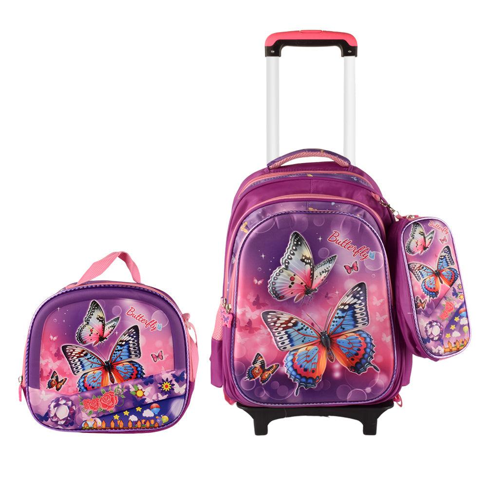 Butter Fly 3PCS Detachable Rolling Backpack for Girls With Lunch Bag Pencil Case 2Wheels Roll