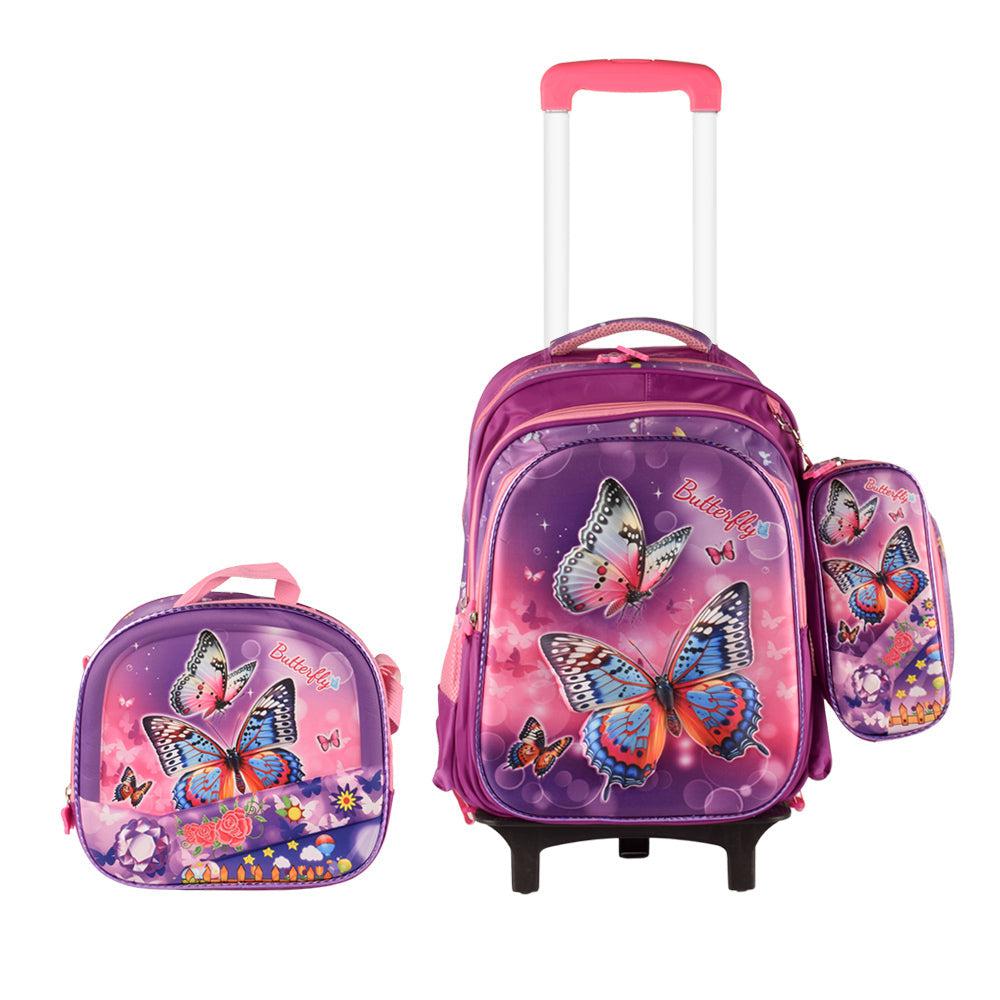 Butter Fly 3PCS Detachable Rolling Backpack for Girls With Lunch Bag Pencil Case 2Wheels Roll