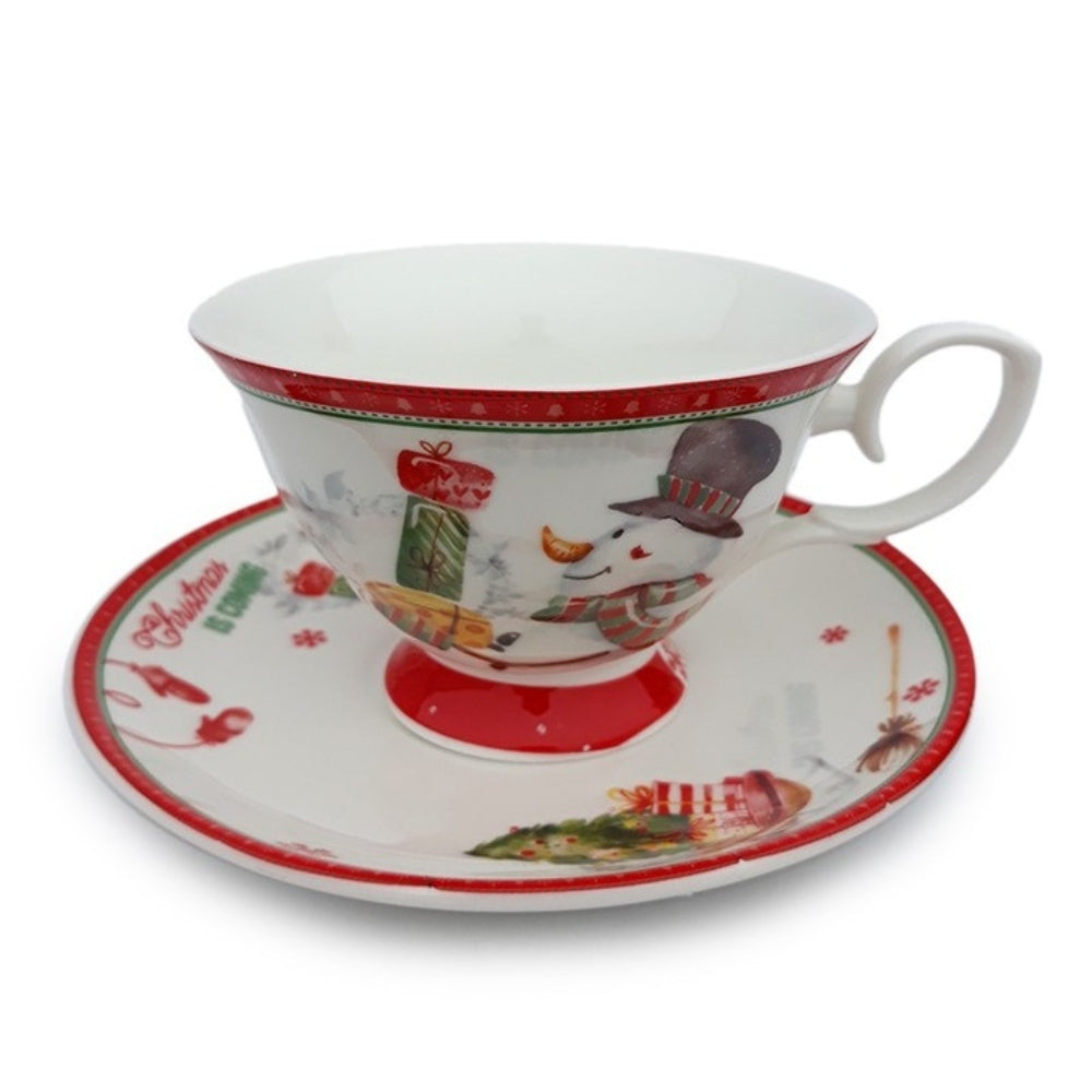 Ceramic Cup With Saucer Decorated With Snowman, 10x8 Cm