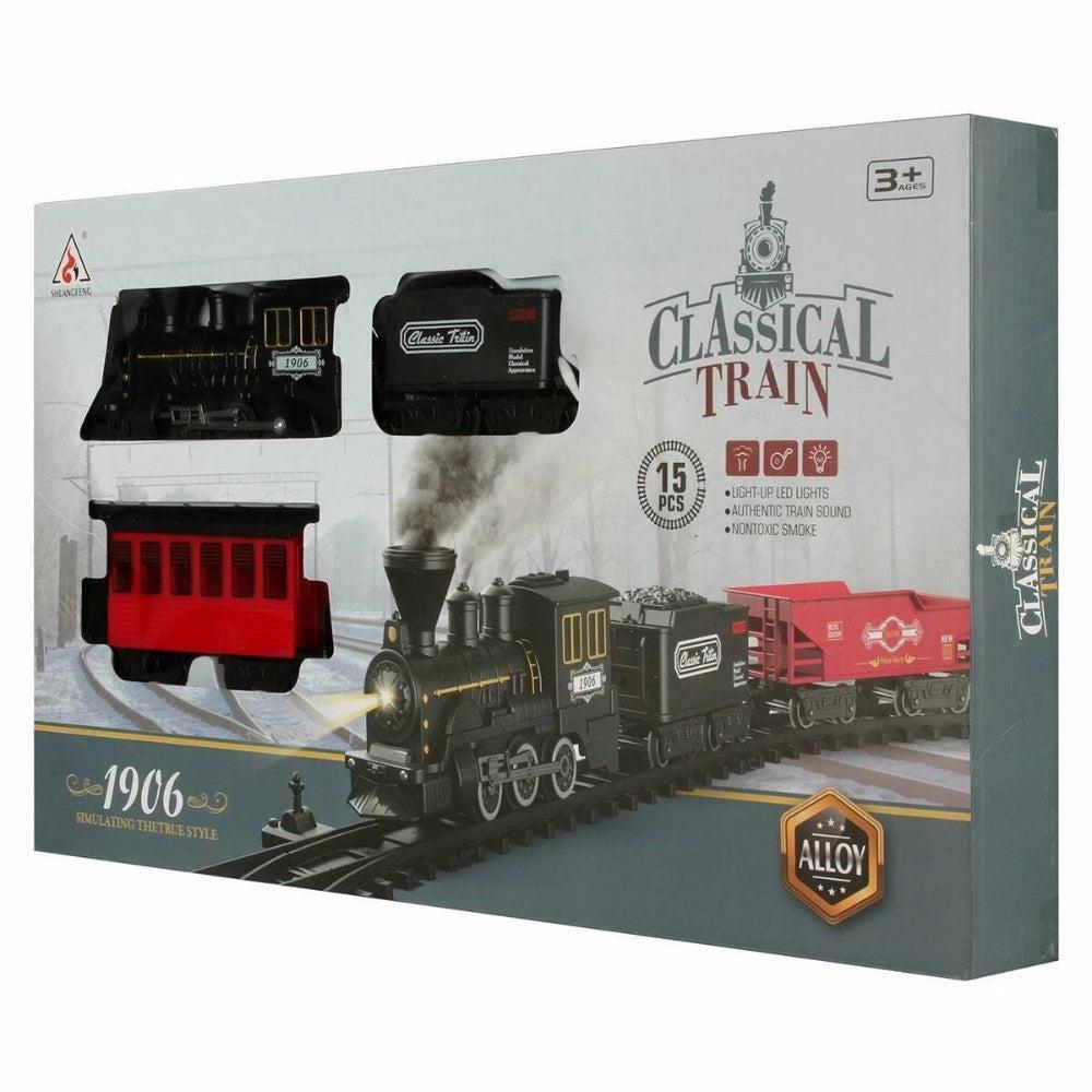 Children's railway "Classic Train", 15 Parts, Light, Sound, Smoke, Black/Red, 50x29 Cm