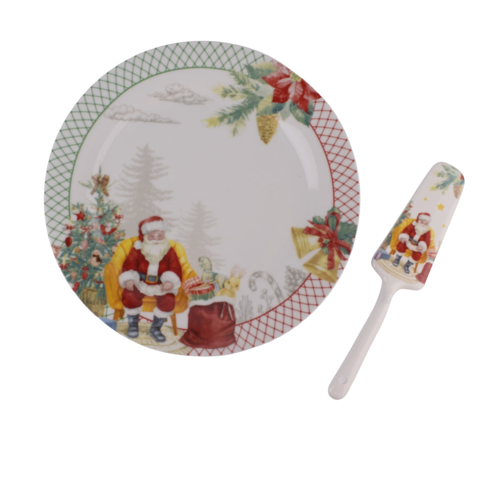 Christmas Santa Porcelain Cake Plate with Matching Server – Festive Holiday Design 25Cm