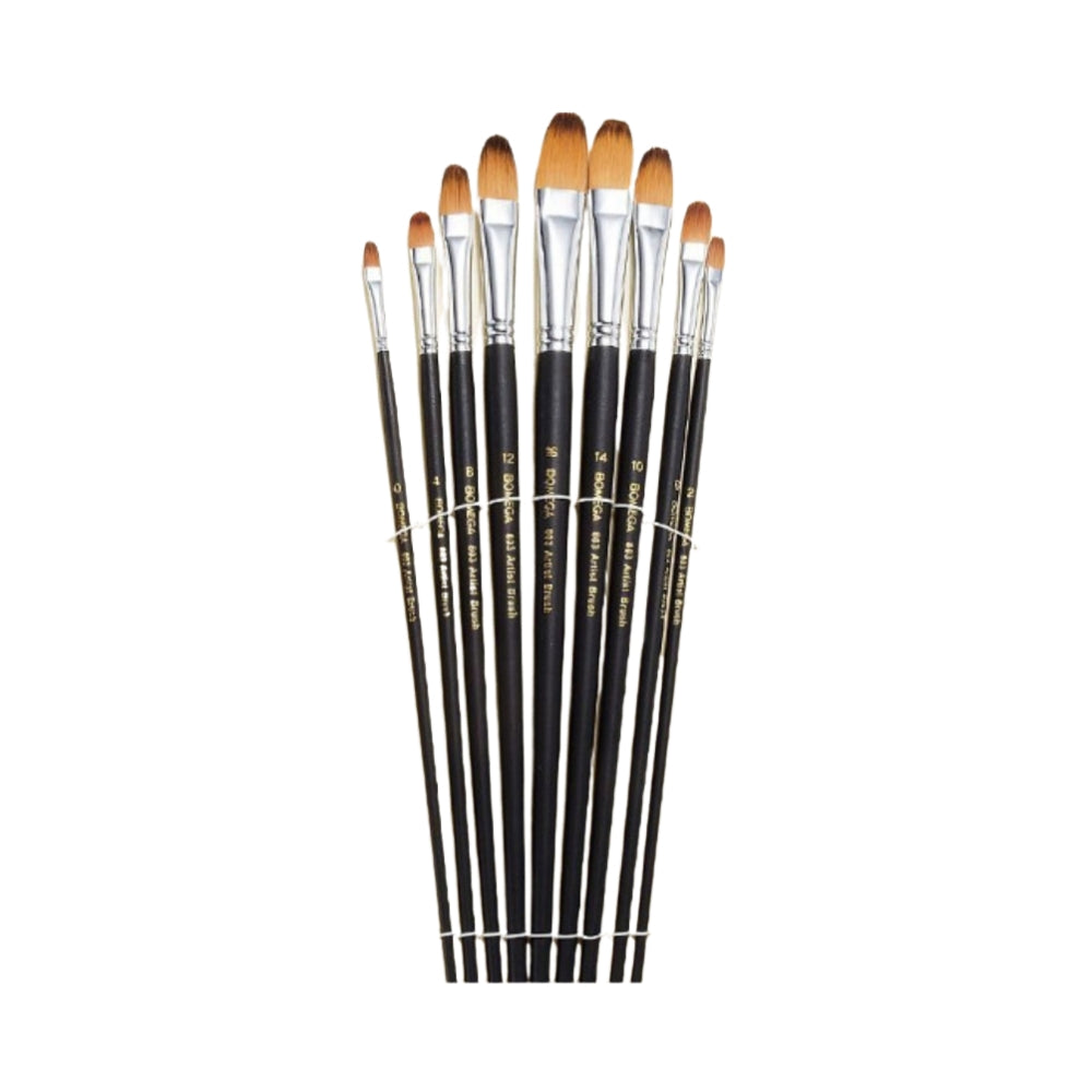 Chrome Stationery Long Handle Filbert Paint Brushes (Set of 9, Black, White)
