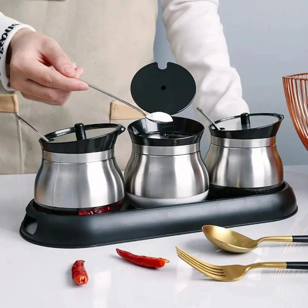 Condiment Holder 3 Stainless Steel Pots With Plastic Stand Top Rio