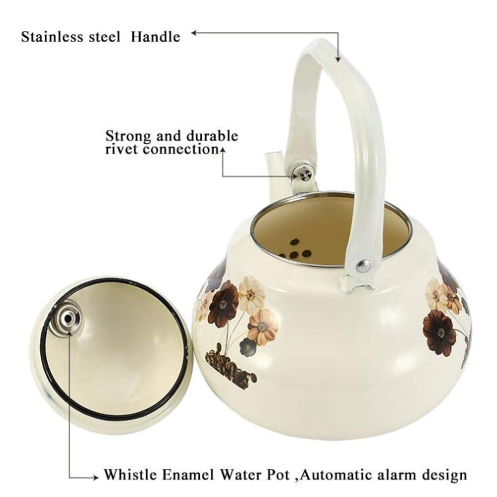 Country Style Enamel Kettle Household Kettles Automatic Reminder Enamel Cup Whistle Kettle Enameled Gas Coffee Tea kettle (Size 2.0L)