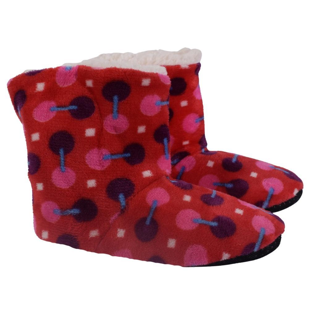 Cozy Fleece Boot Slippers – Red with Colorful Pattern