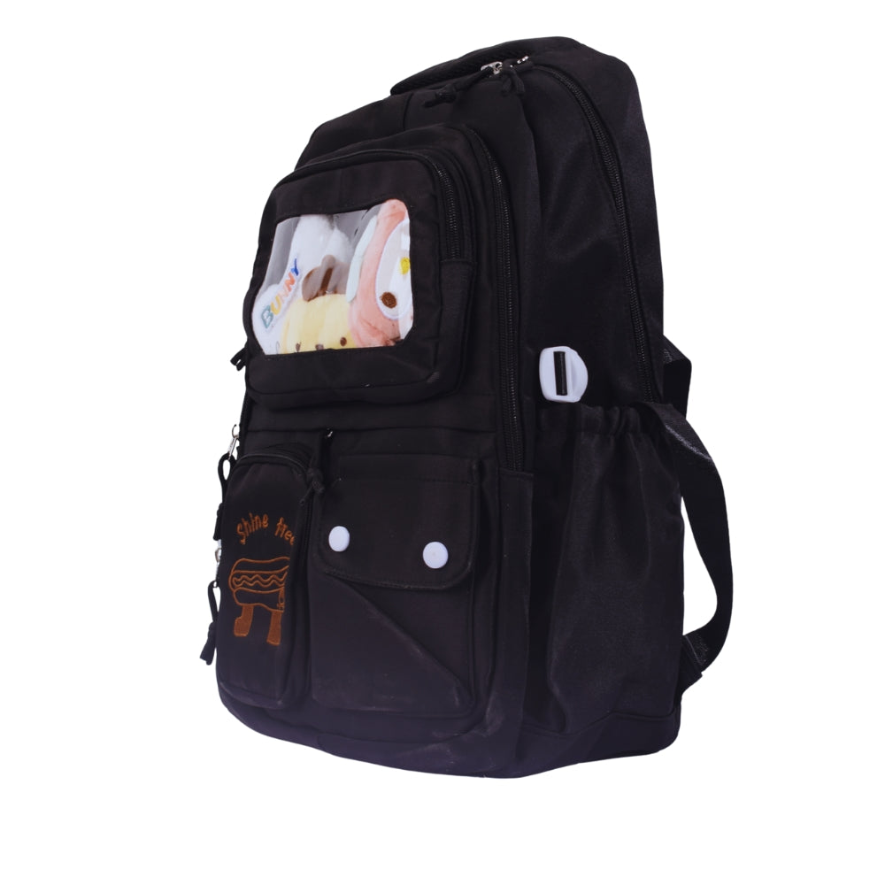 Cute Black Backpack with Plush Toy Display and "Shine Free" Embroidery
