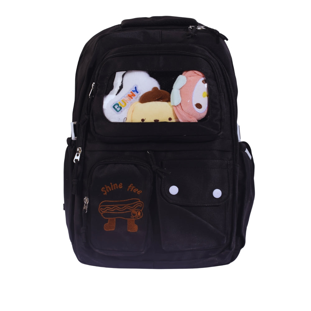 Cute Black Backpack with Plush Toy Display and "Shine Free" Embroidery