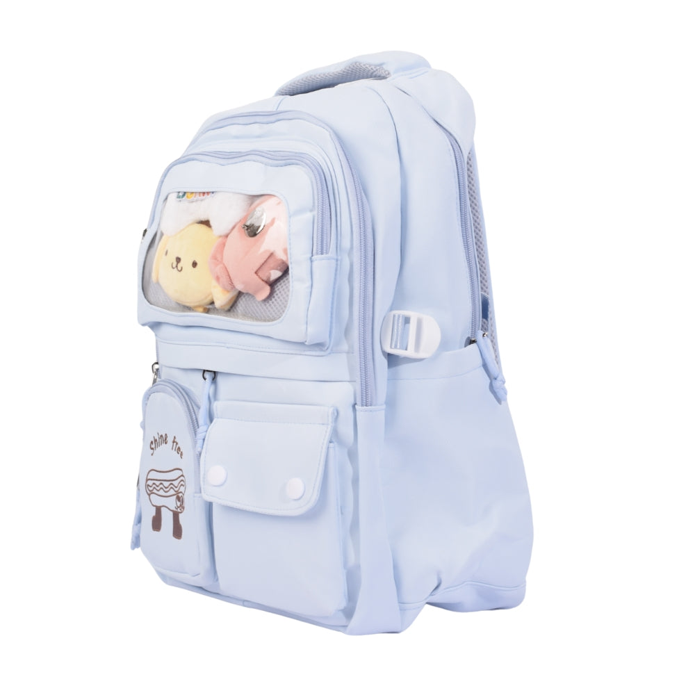Cute Blue Backpack with Plush Toy Display and "Shine Free" Embroidery