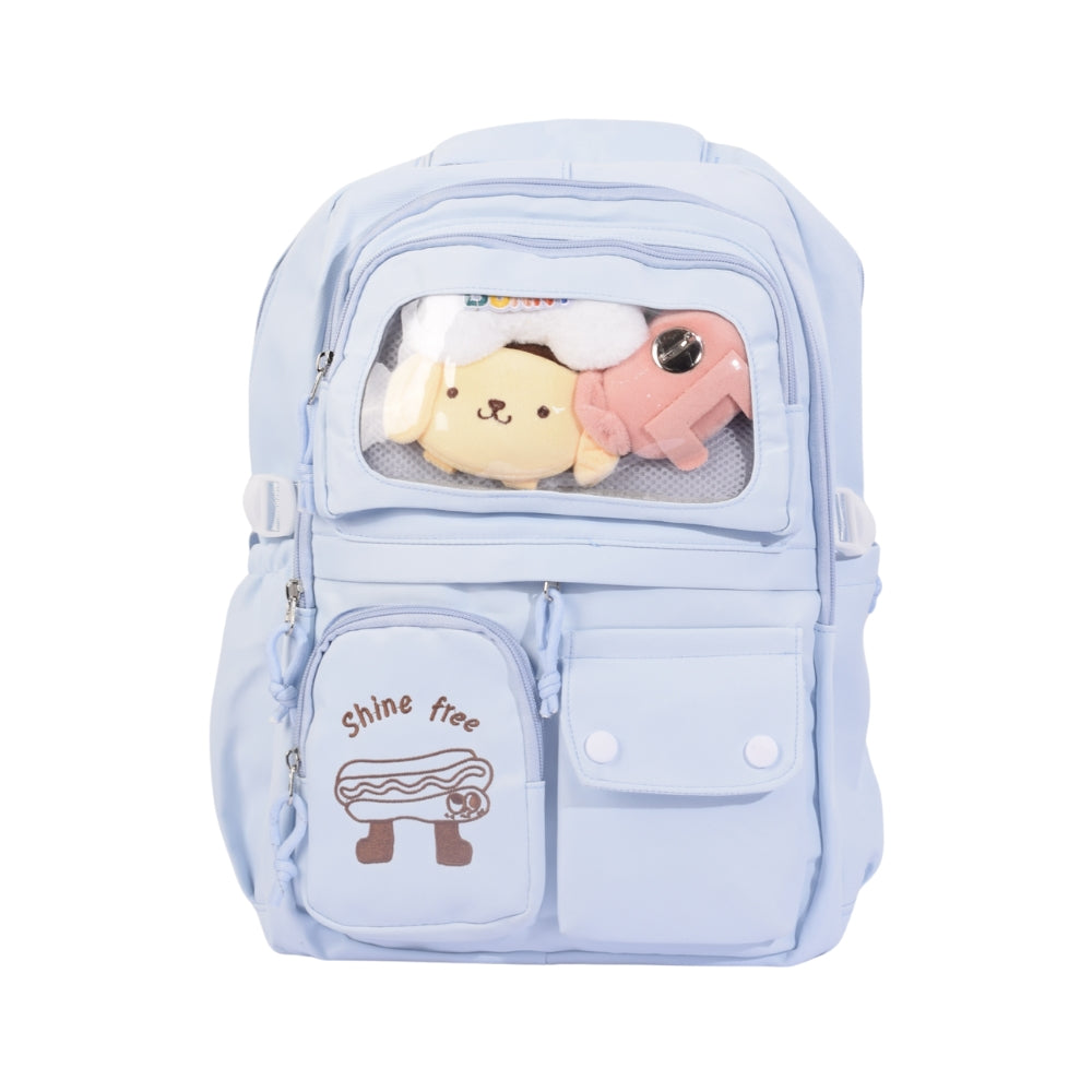 Cute Blue Backpack with Plush Toy Display and "Shine Free" Embroidery
