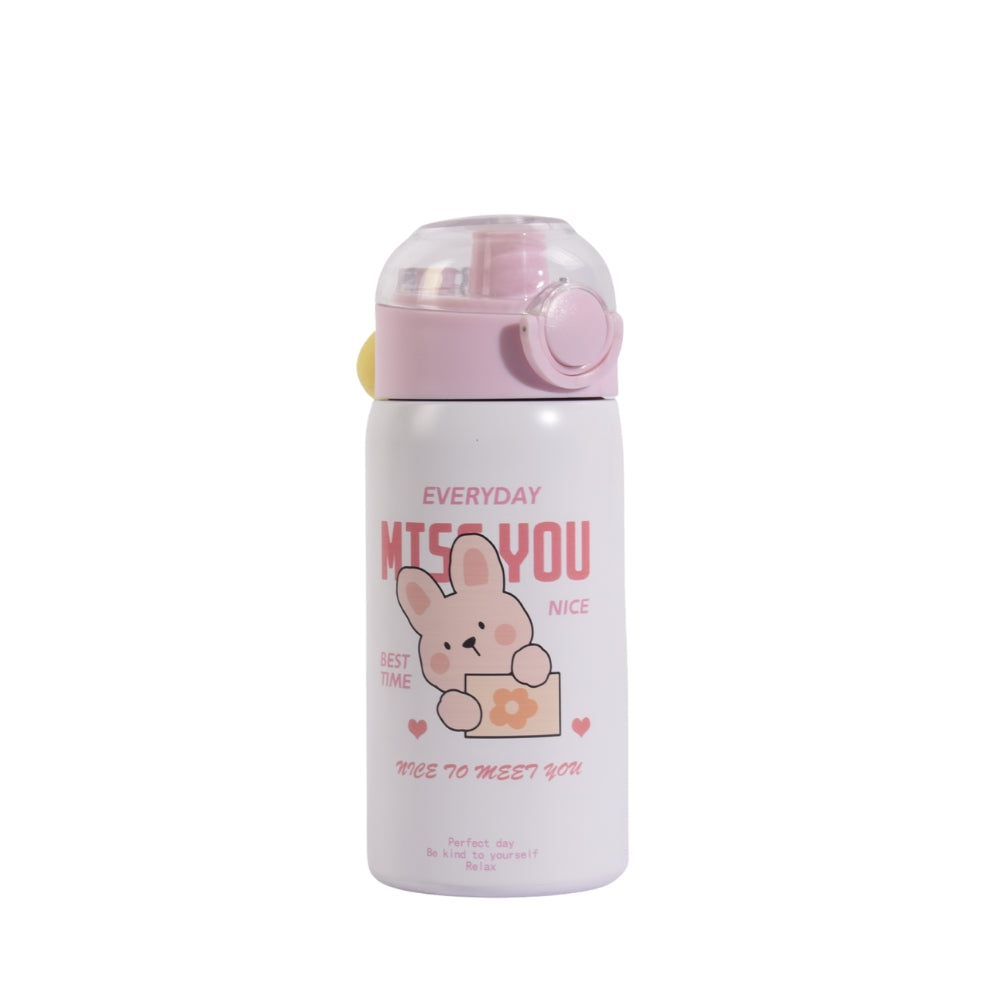 Cute Bunny-Themed Water Bottle – "Miss You" Design (Pink & White)