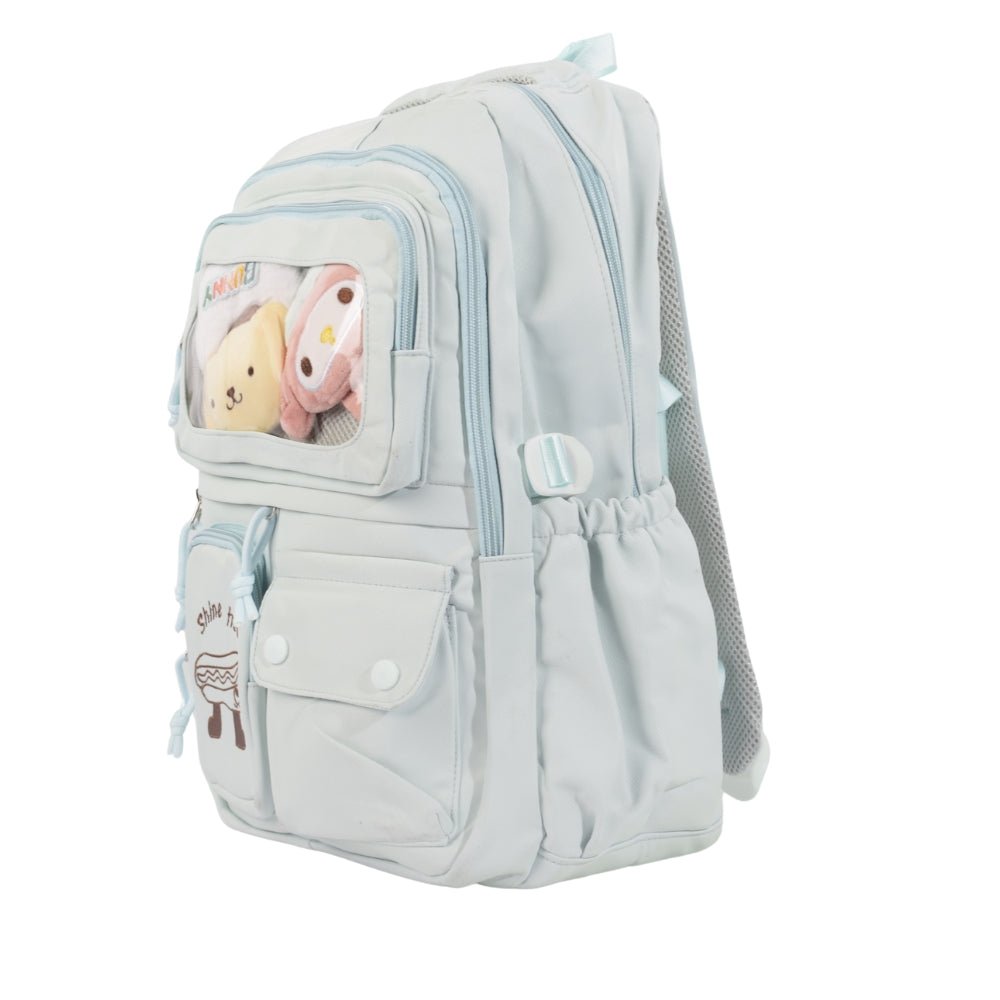 Cute Green Backpack with Plush Toy Display and "Shine Free" Embroidery