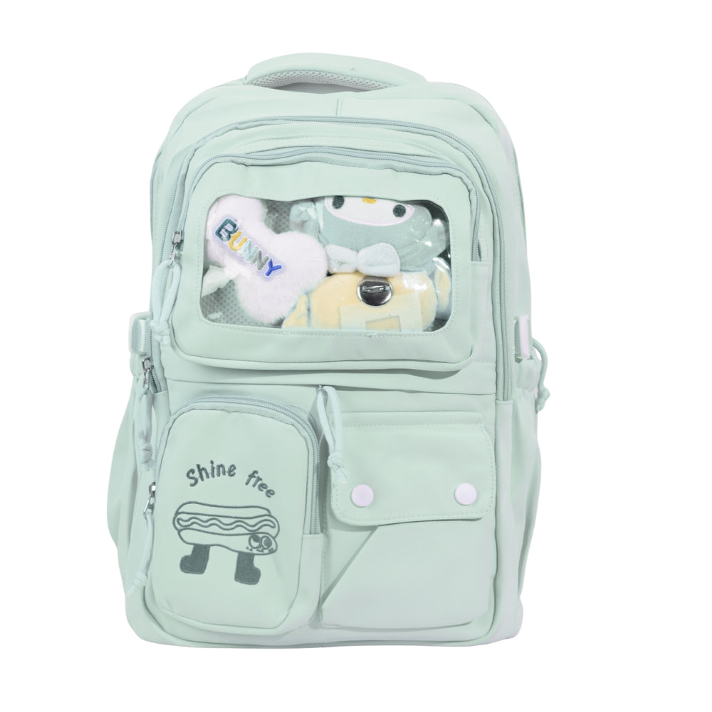 Cute Green Backpack with Plush Toy Display and "Shine Free" Embroidery