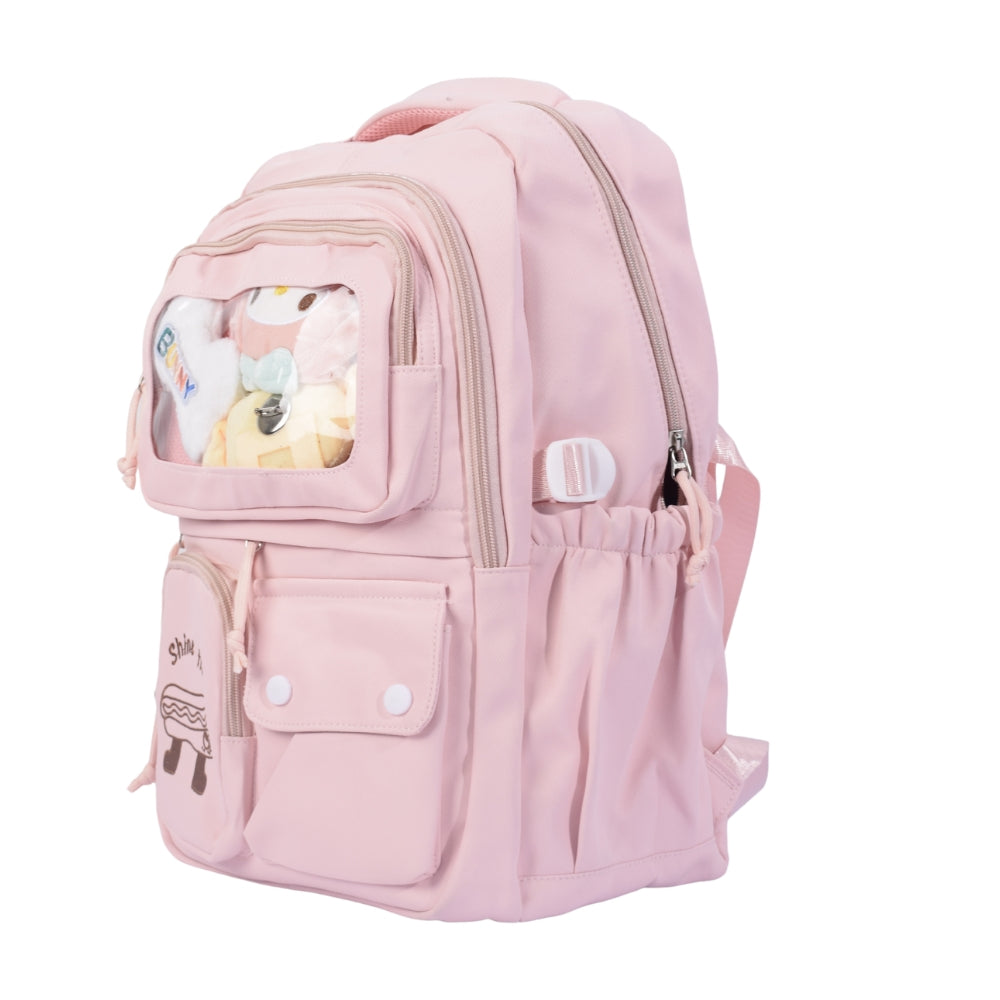 Cute Pink Backpack with Plush Toy Display and "Shine Free" Embroidery