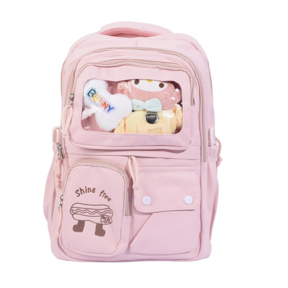 Cute Pink Backpack with Plush Toy Display and "Shine Free" Embroidery
