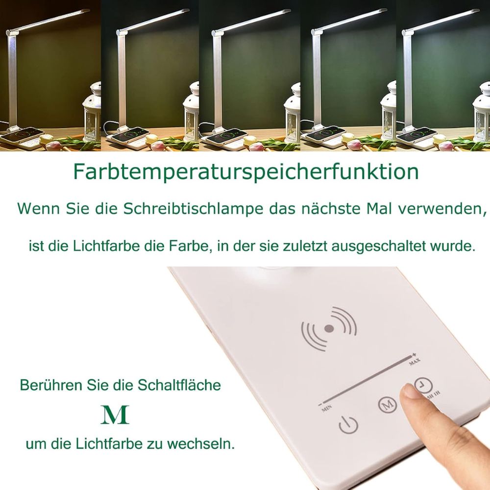 Desk Lamp, Reading Lamp, Eye Protection Table Lamp with 5 Modes Dimmable Touch Control with Wireless Charger and Timed Bedside Lamp Memory Function for Work Learning