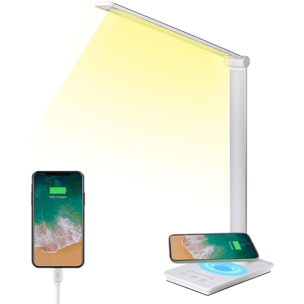 Desk Lamp, Reading Lamp, Eye Protection Table Lamp with 5 Modes Dimmable Touch Control with Wireless Charger and Timed Bedside Lamp Memory Function for Work Learning