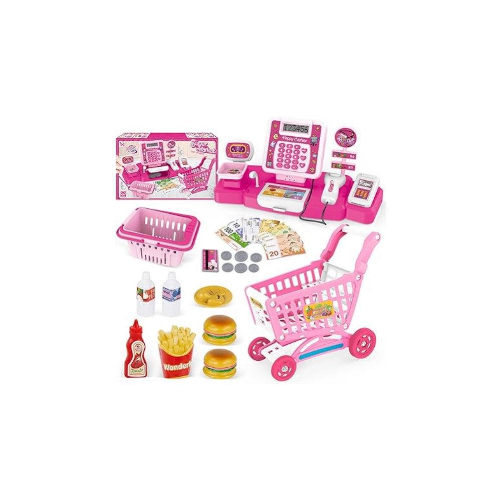 Diao Cash Register Toy, Kids Supermarket Toy with Scanner Lights and Sounds Microphone Function Calculator and Play Food Stores and Accessories for Kids Ages 3 and Up