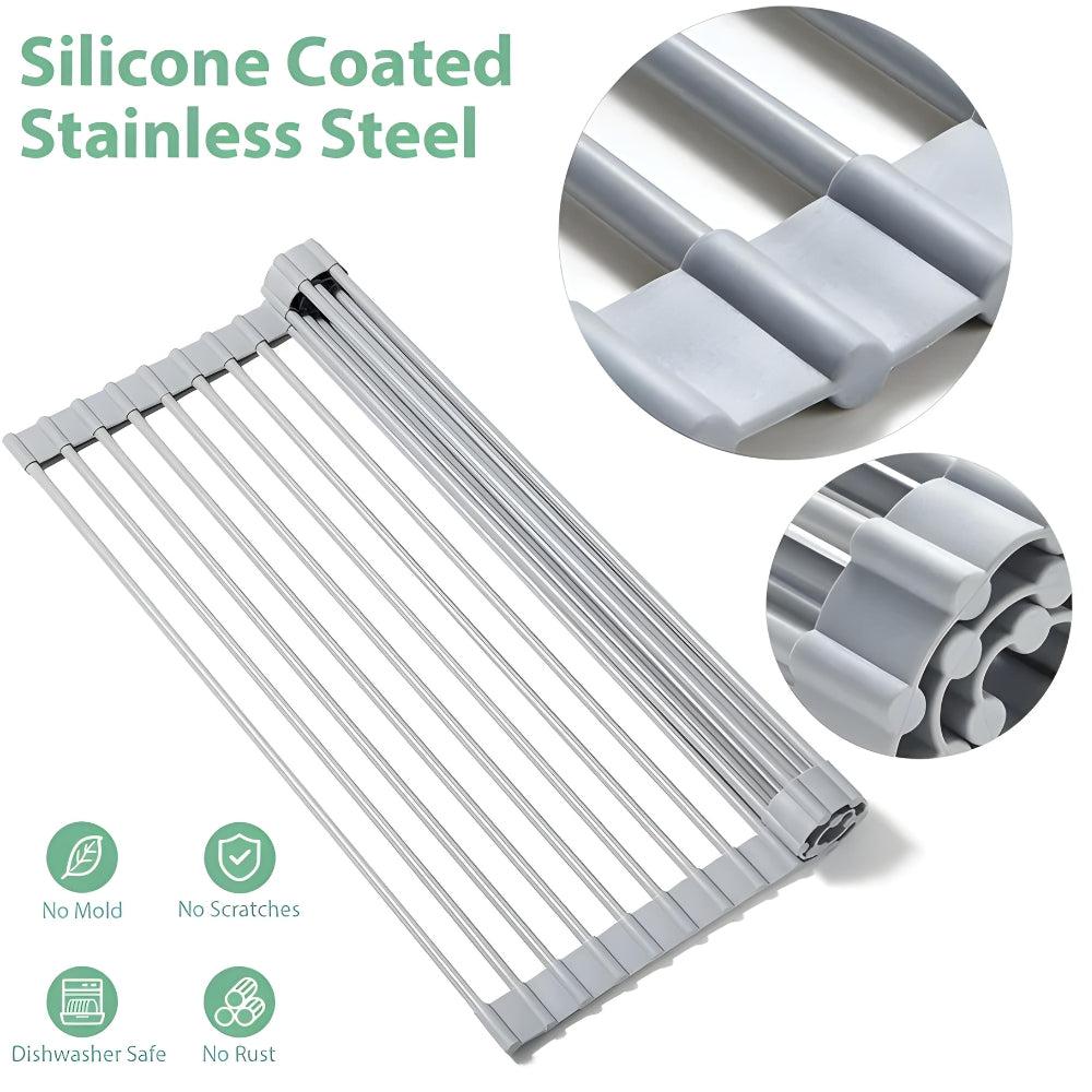 Dish Drying Rack, Roll Up Sink Drying Rack, Foldable Multi-Use Silicone Coated Stainless Steel Dish Drainers, Heat Resistant Mat, Drying/Draining/Trivet Grey