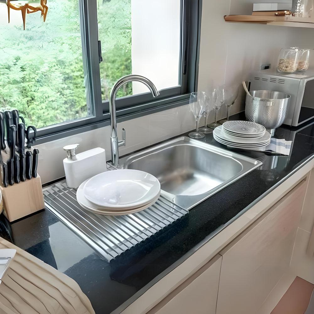 Dish Drying Rack, Roll Up Sink Drying Rack, Foldable Multi-Use Silicone Coated Stainless Steel Dish Drainers, Heat Resistant Mat, Drying/Draining/Trivet Grey